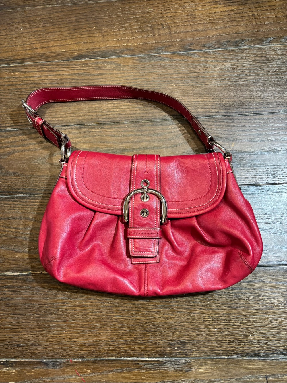 Coach Y2K Red Leather Shoulder Bag with Buckle Accent